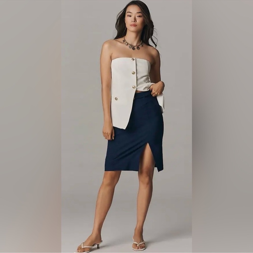 Anthropologie Belted Pencil Skirt Navy Blue Timeless Classic Skirt Size S NEW